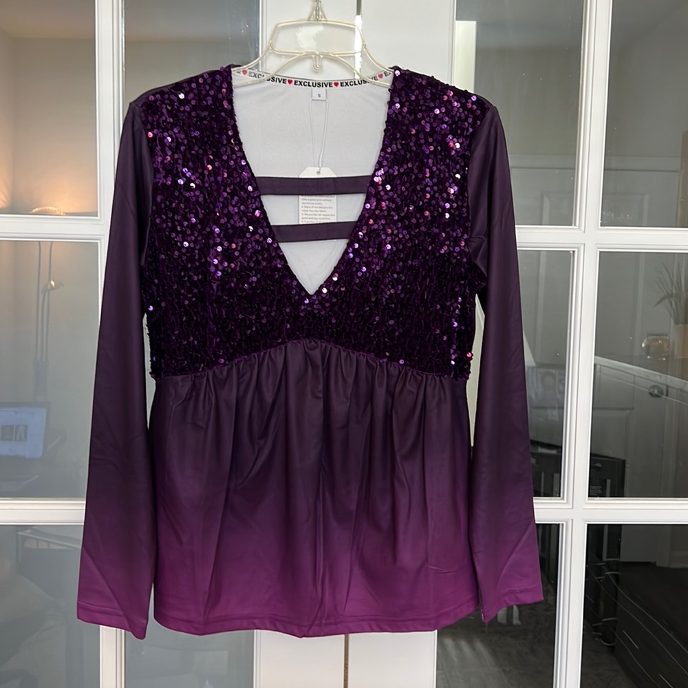 Exclusive Purple Ombre Sequin V-Neck Long Sleeve Blouse/Shirt